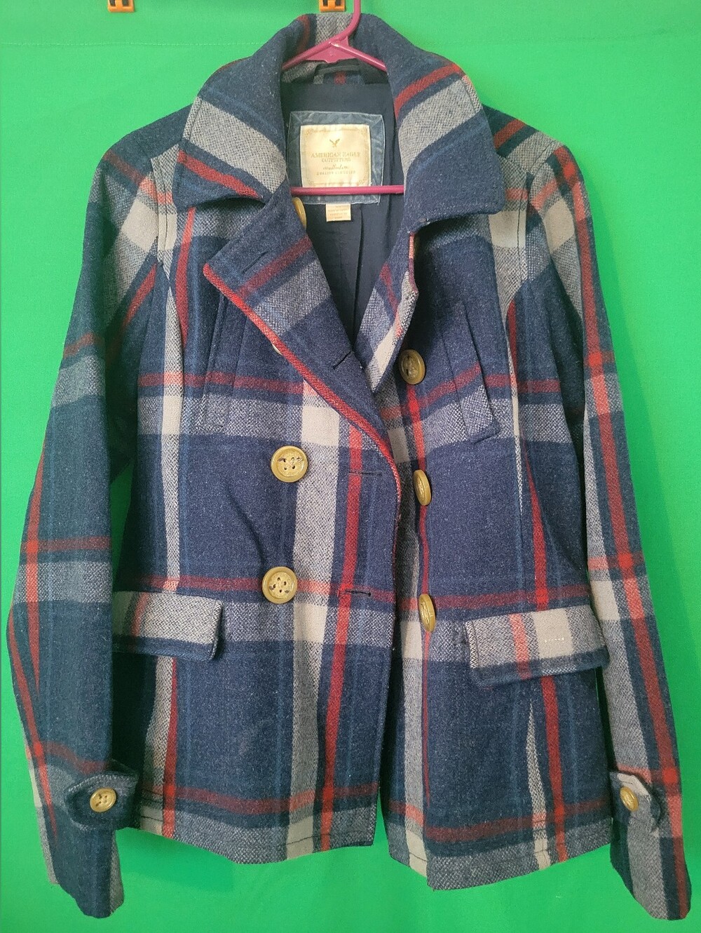 Vtg Wool AE American Eagle Outfitters Navy Plaid Peacoat Sz M Jacket Button Up